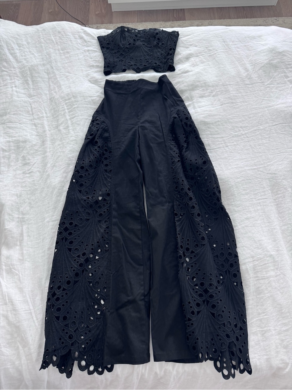Black Eyelet Wide-Leg Pants with Crop Top Set Fashion Nova Small